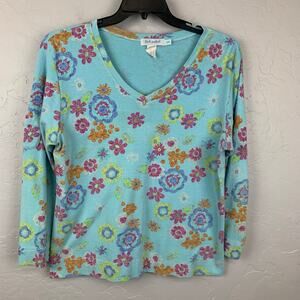 Vtg Fresh Produce Top Womens XXL Blue 3/4 Sleeve Pullover Wildflower V Neck
